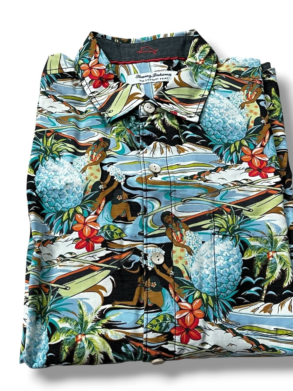 Tommy Bahama Hawaiian Shirt Coconut Point Tencel Blend Hula Girls Mens Large
